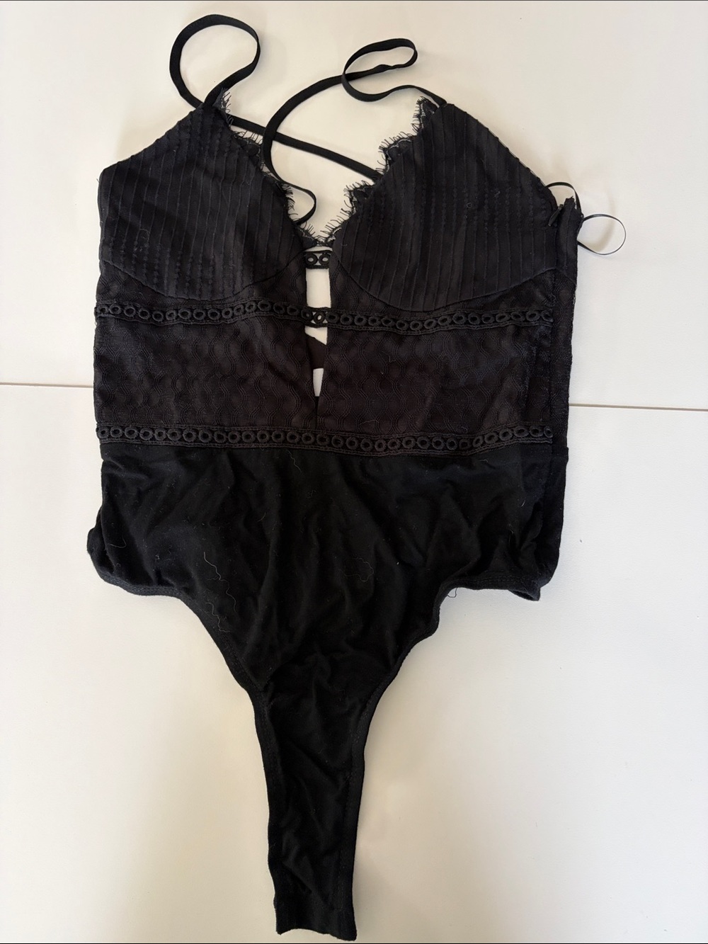 superdown Black Lace-Trim Strappy Bodysuit